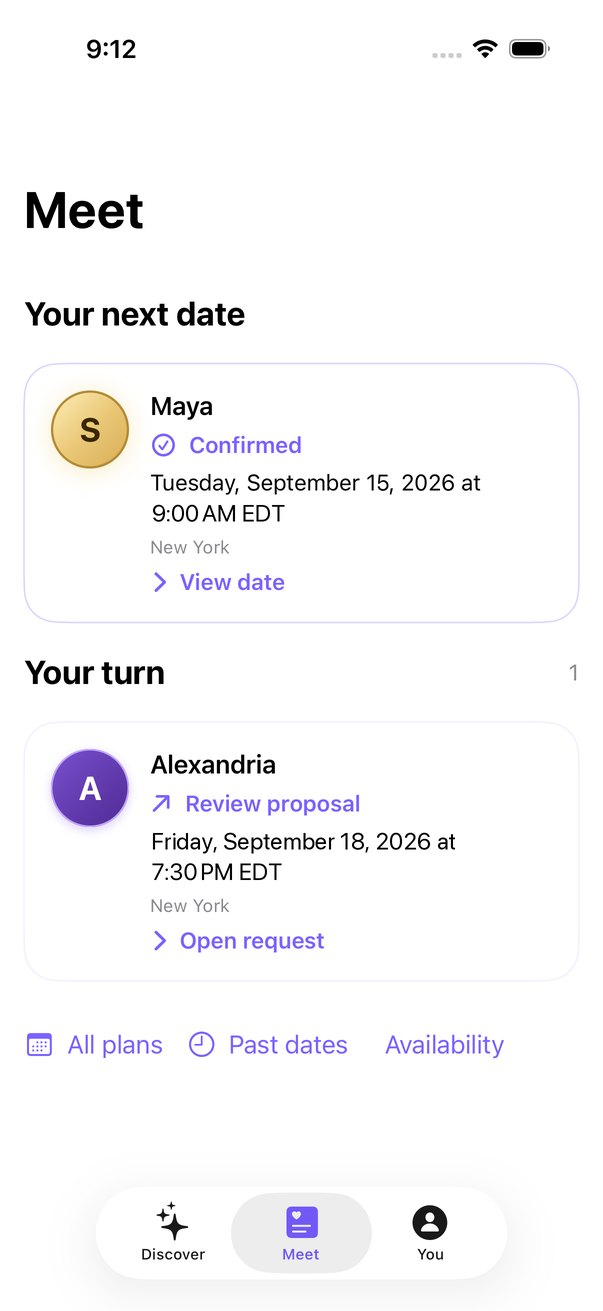 The WingMate Meet screen on iPhone, showing a confirmed next date on Tuesday at 9:00 AM and a date proposal for Friday at 7:30 PM to review.